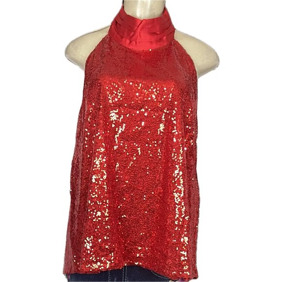 New York & Company +3X Red Sequin Lined High Satin Neck Open Back Halter Blouse - Picture 2 of 6